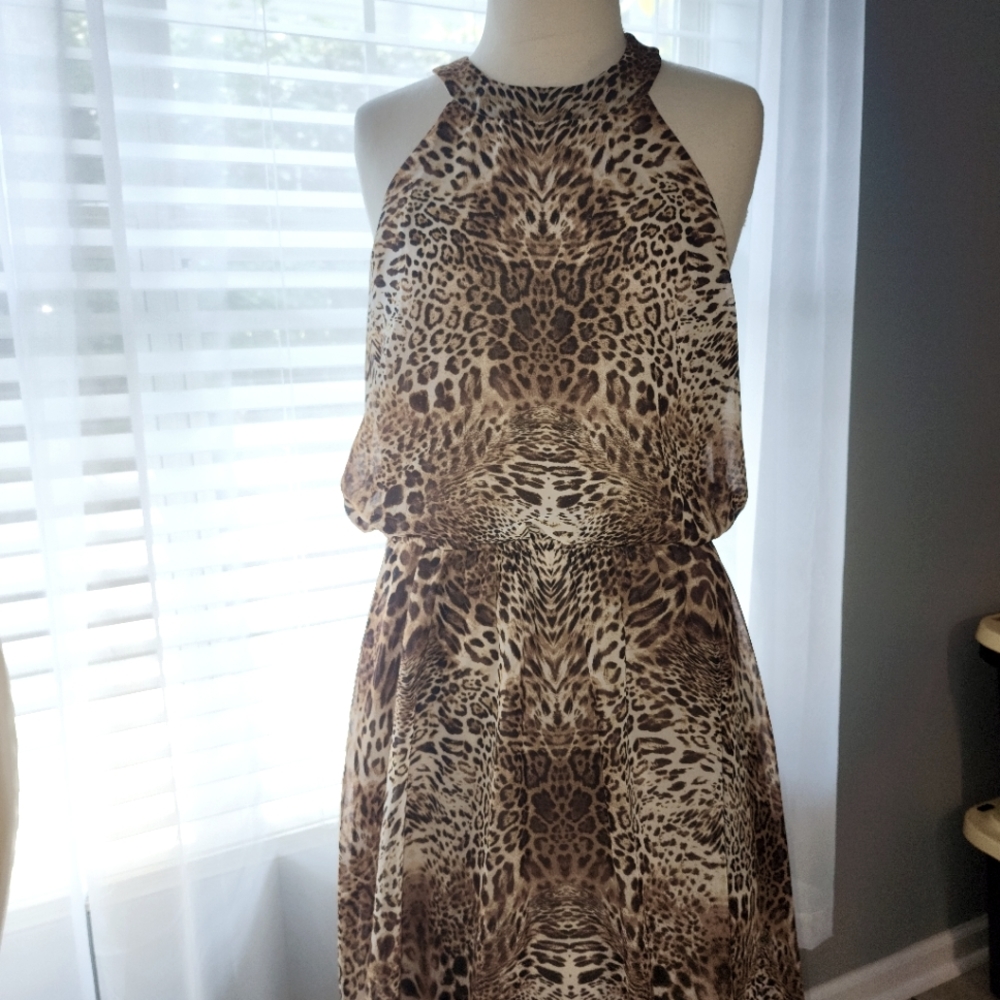 Bisou Bisou Black Brown Animal Print Halter Dress High Low Hem Size 10 WT